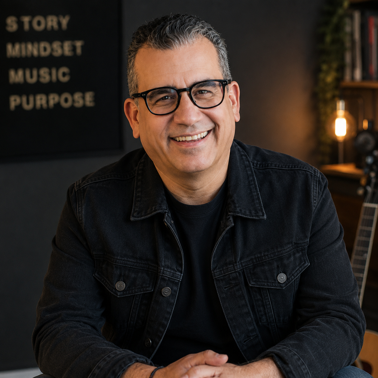 Jeff Vargas smiling in a black denim jacket, with a guitar and a letter board reading Story, Mindset, Music, Purpose behind him