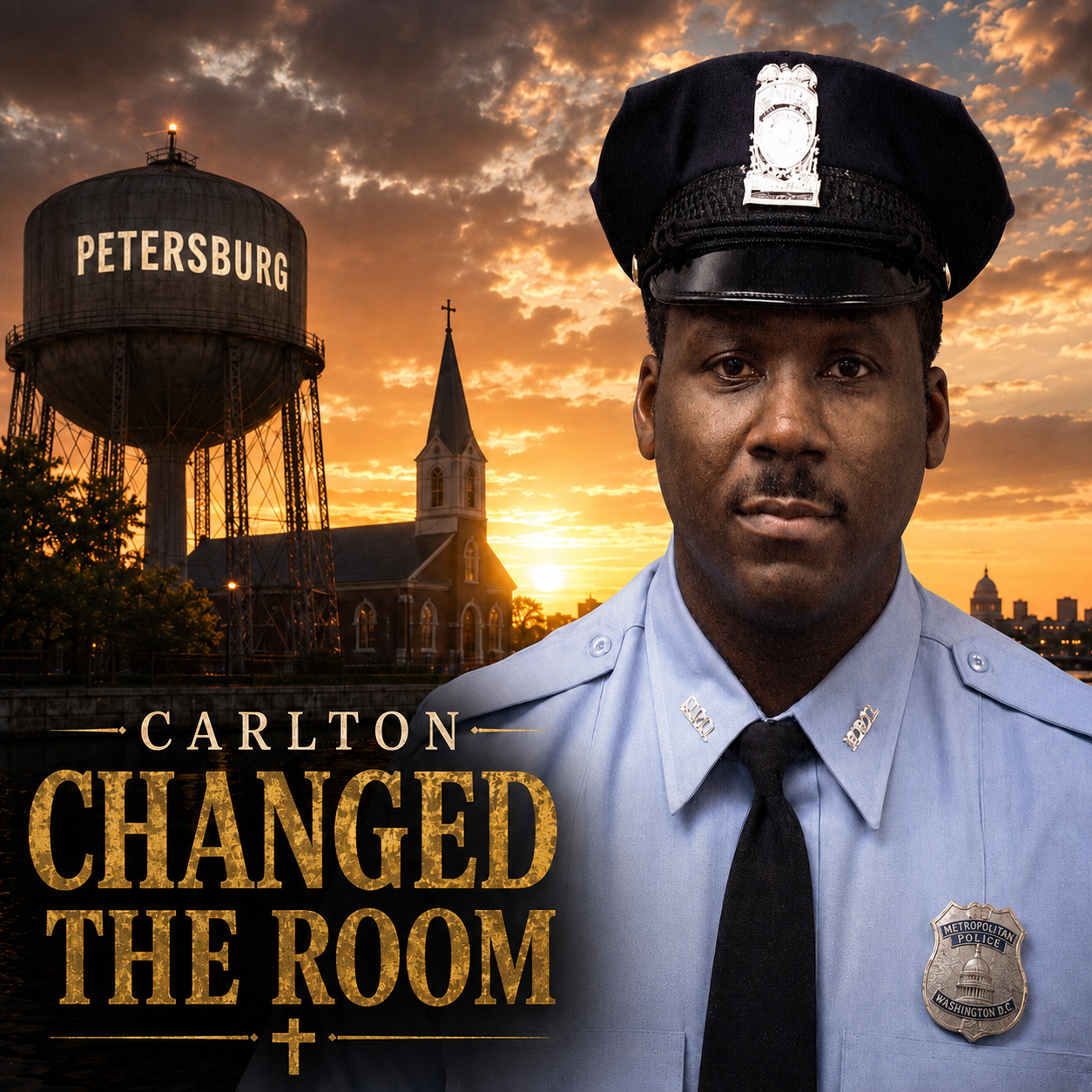 Album cover for Carlton Changed the Room by Jeff Vargas: a uniformed police officer stands before a Petersburg water tower and church at sunset