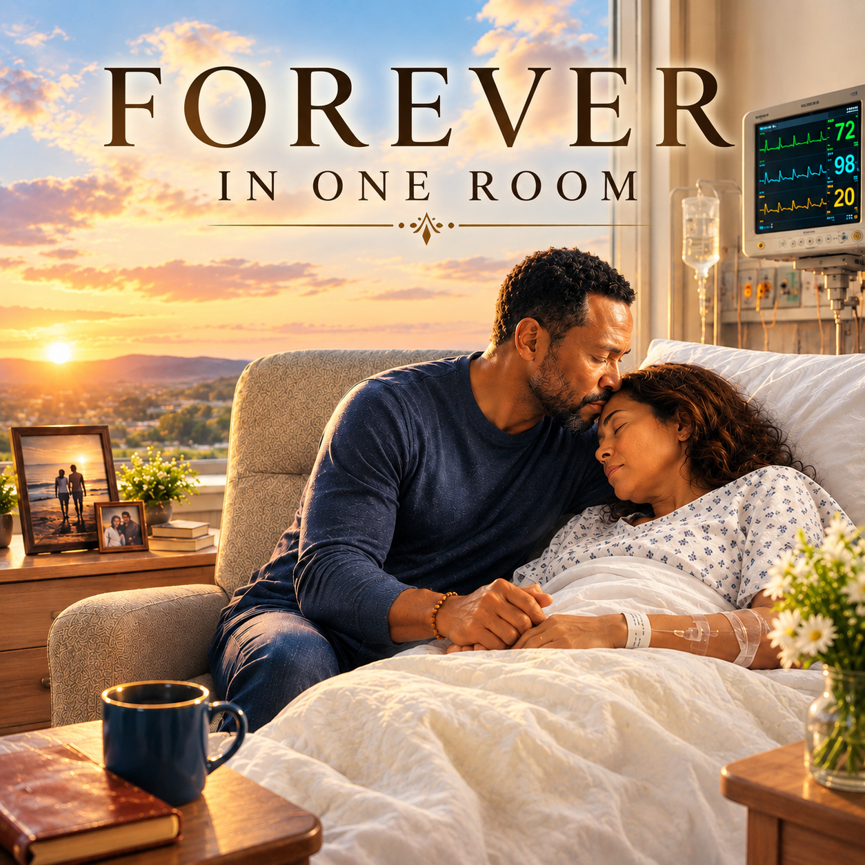 Album cover for Forever in One Room by Jeff Vargas: a husband kisses his wife’s forehead as she rests in a hospital bed, holding her hand beside a sunset window
