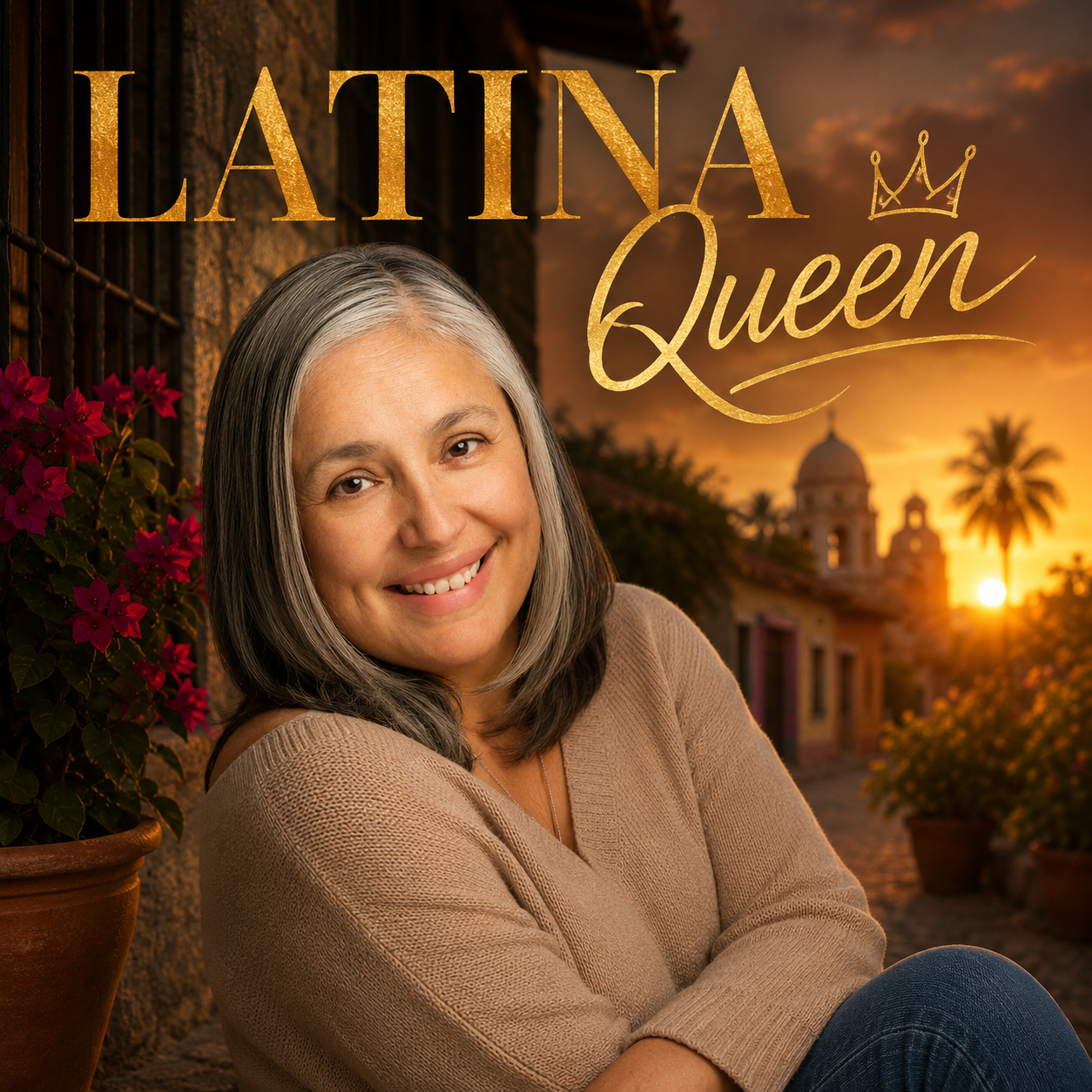 Album cover for Latina Queen by Jeff Vargas: a smiling Latina woman sits beside flowers at sunset with a Spanish-style town and palm trees behind her