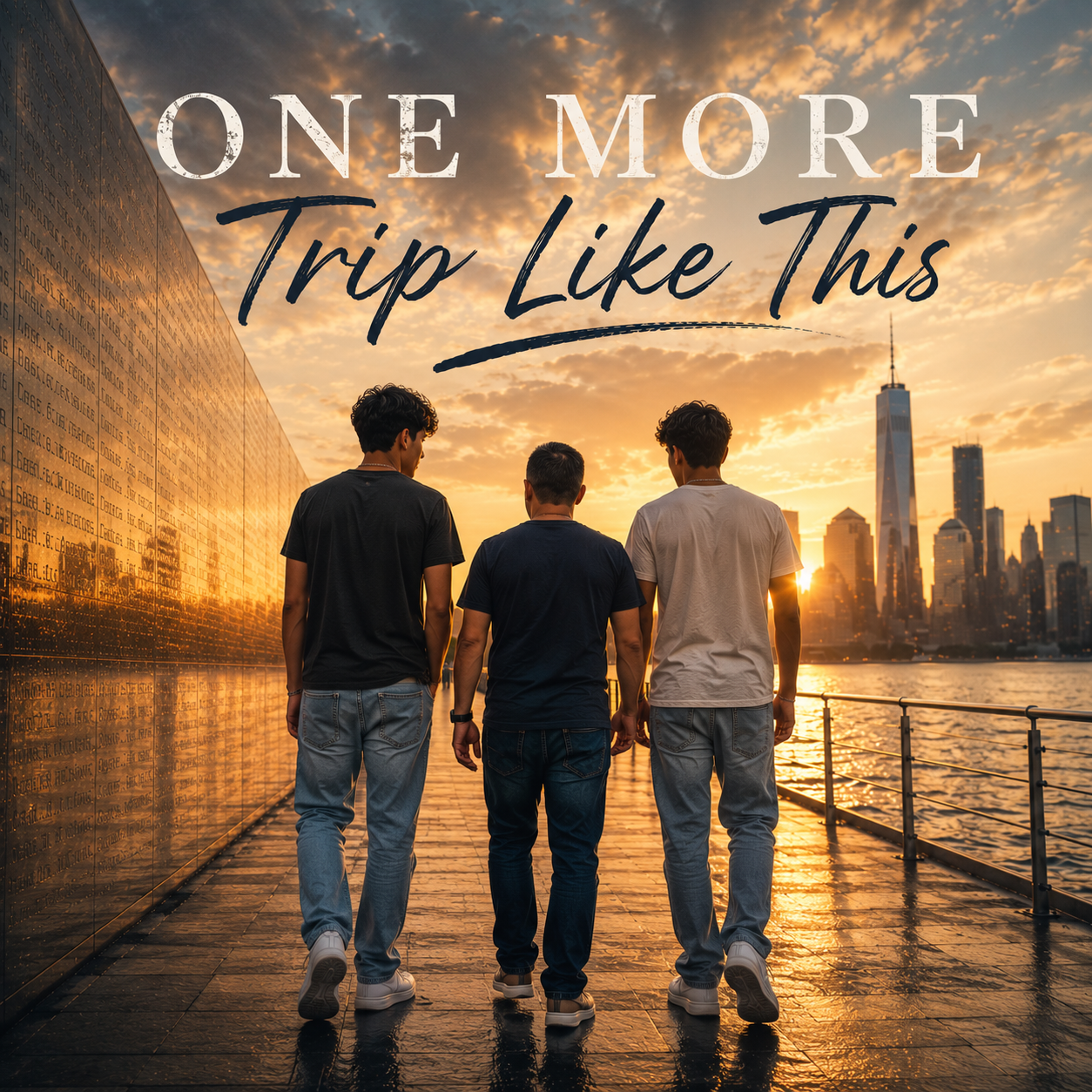 Album cover for One More Trip Like This by Jeff Vargas: a father walks with his two sons beside the 9/11 Memorial and New York City skyline at sunset