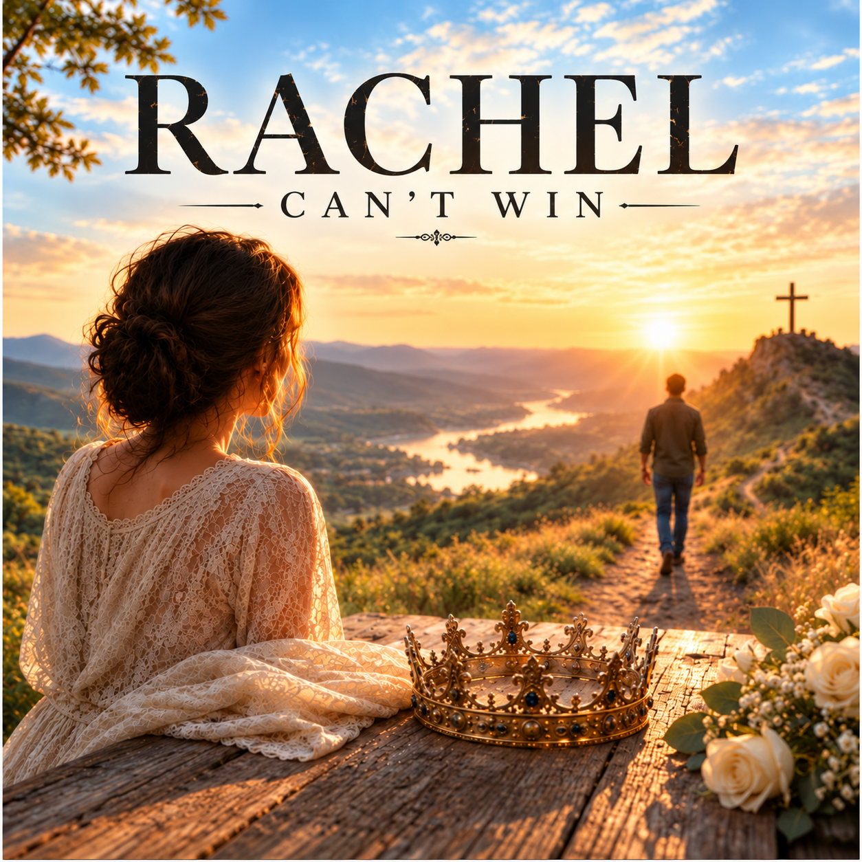 Album cover for Rachel Can't Win by Jeff Vargas: a woman in a lace dress looks across a sunset valley toward a man walking near a cross, with a crown in the foreground
