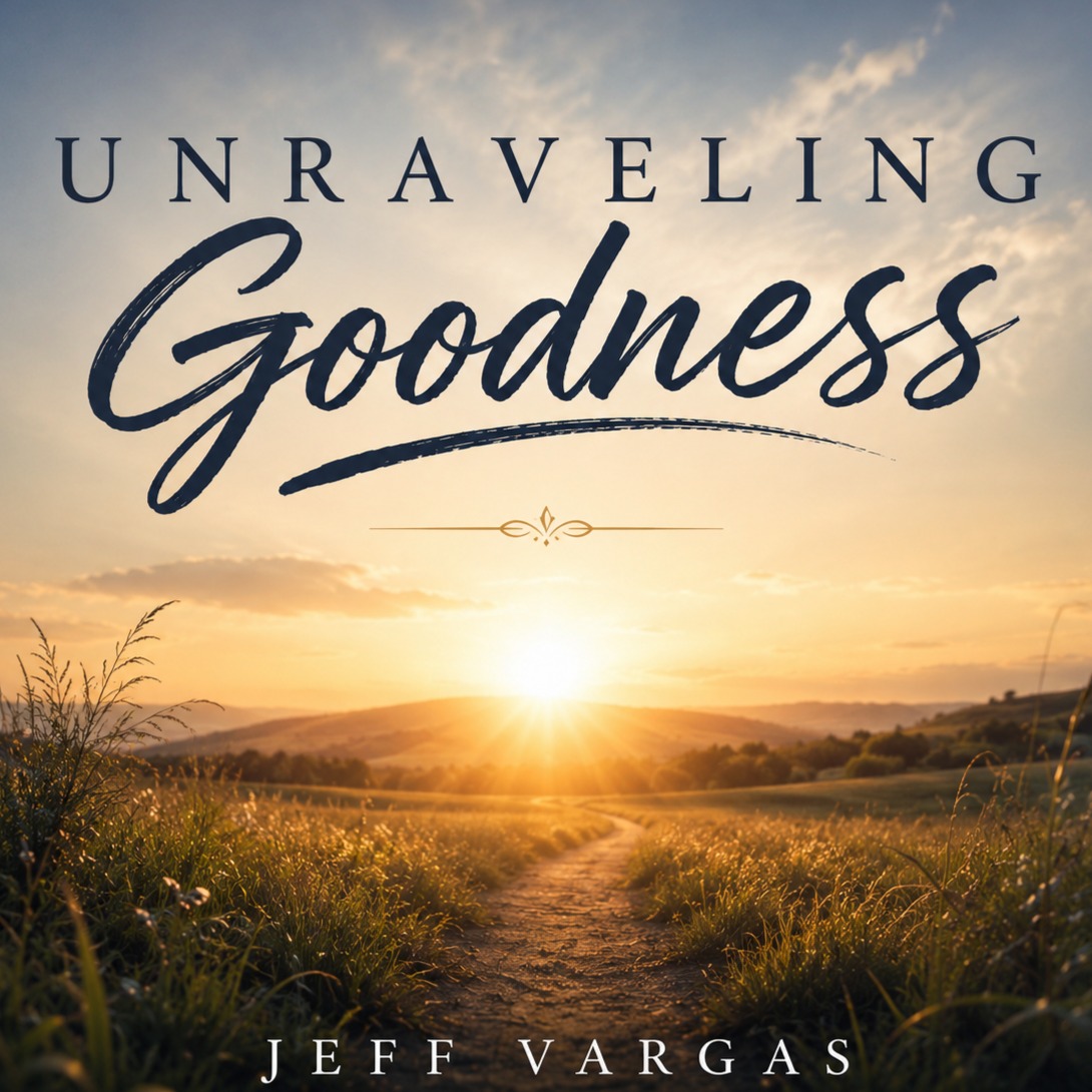 Album cover for Unraveling Goodness by Jeff Vargas: a sunlit path leads through golden fields toward the horizon beneath a glowing sky