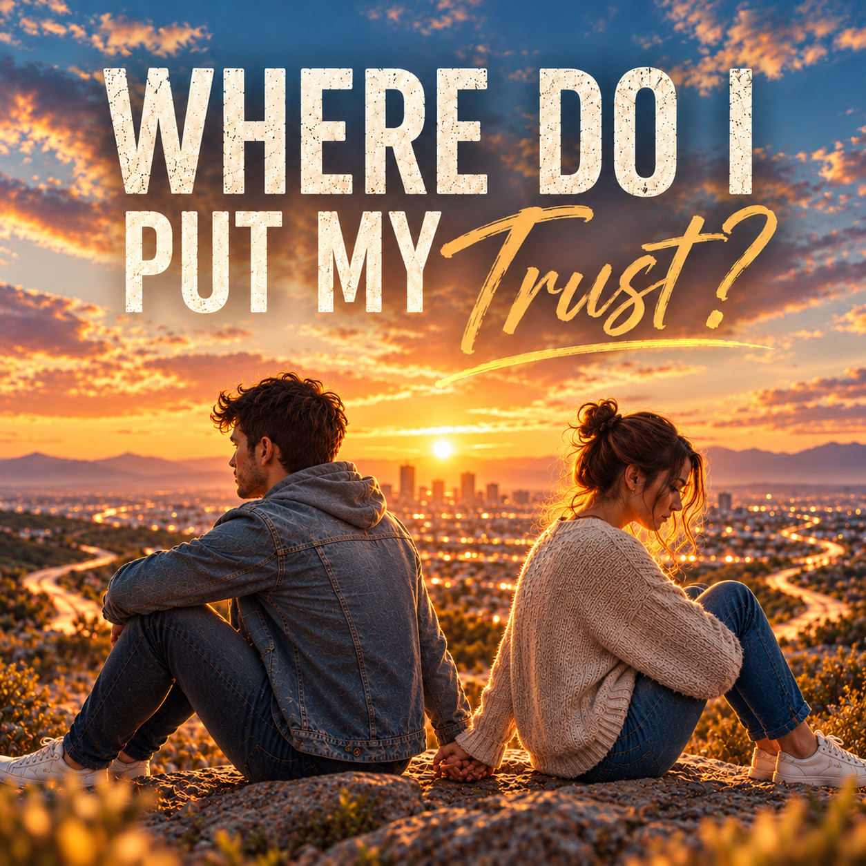Album cover for Where Do I Put My Trust? by Jeff Vargas: a couple sitting back to back on a hilltop at sunset, holding hands above a glowing city